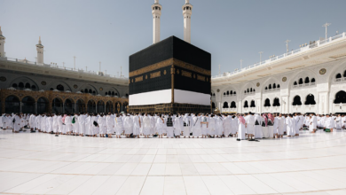 لقطات توضح استفادة ضيوف الرحمن من خدمات المسجد الحرام الرقمية ومنصة بوابة القاصد عبر الهواتف الذكية داخل أروقة الحرم المكي.